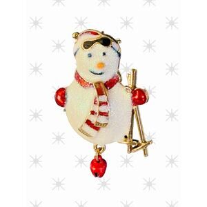 New Frosted Enamel Holiday Skiing Snowman Jingle Bell Xmas Christmas Pin Brooch